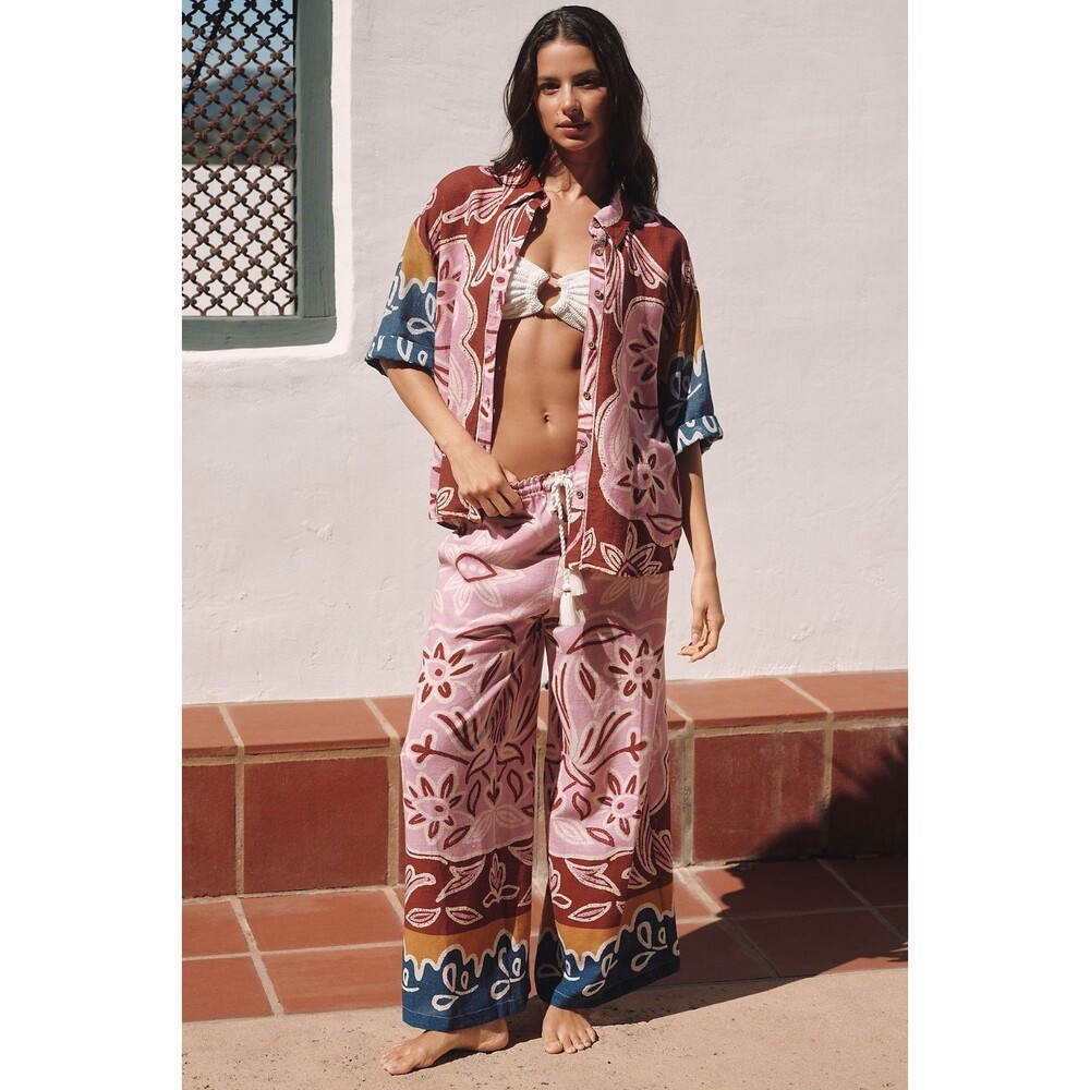 Anthropologie Linen Wide-Leg Pant Set Floral XL NEW
